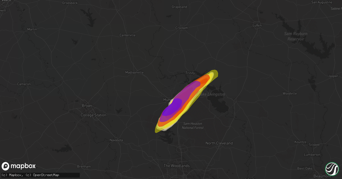 Hail map in Huntsville, TX on April 18, 2020