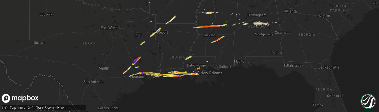 Hail map in Louisiana on April 18, 2020