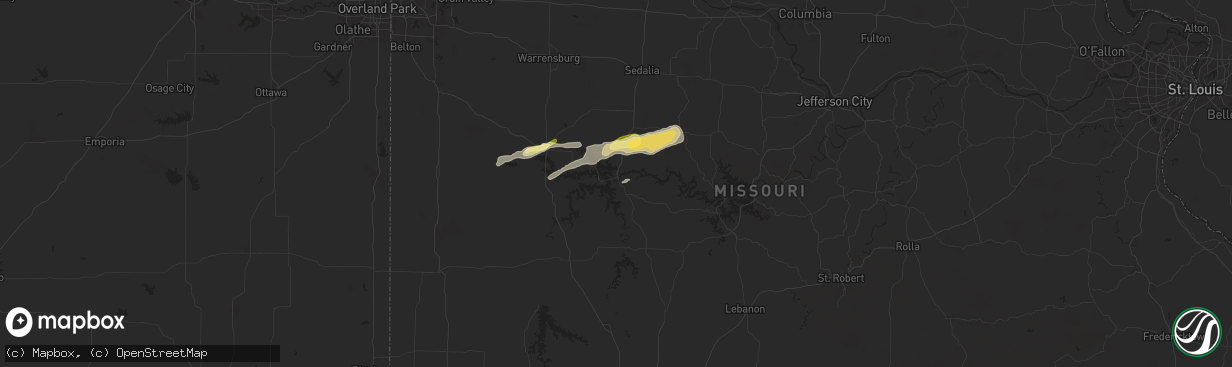 Hail map in Warsaw, MO on April 18, 2024