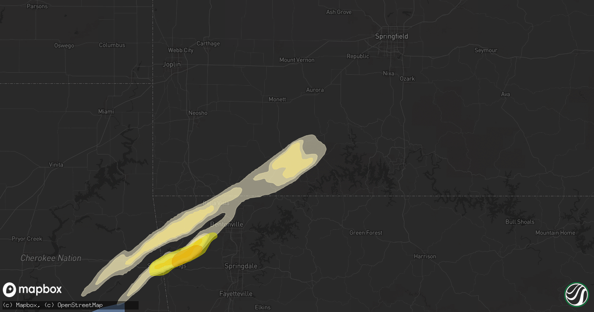 Hail map in Cassville, MO on April 18, 2025