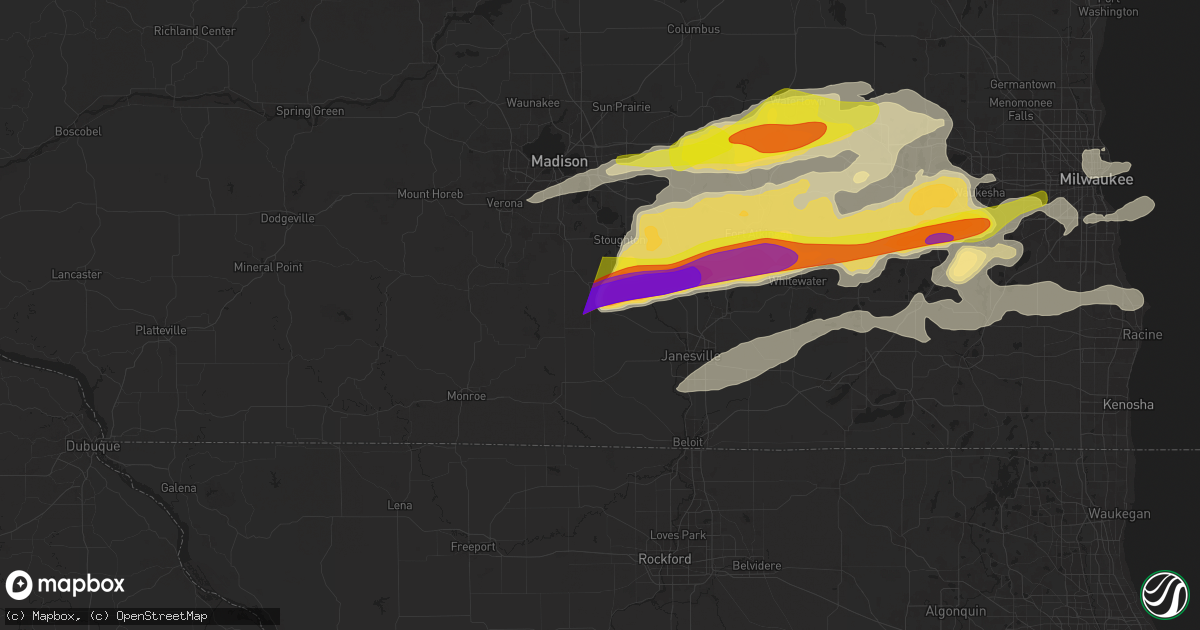Hail map in Evansville, WI on April 18, 2025