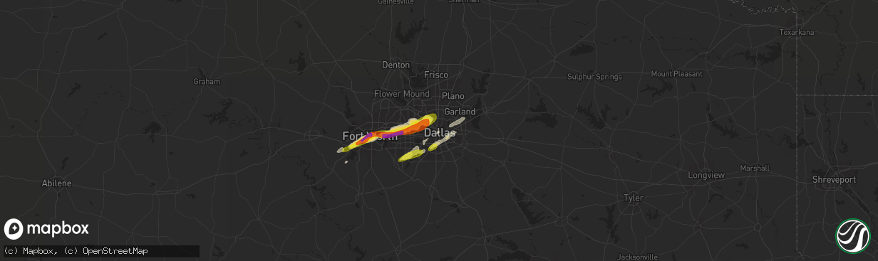 Hail map in Dallas, TX on April 19, 2020