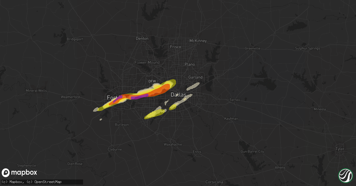 Hail map in Dallas, TX on April 19, 2020