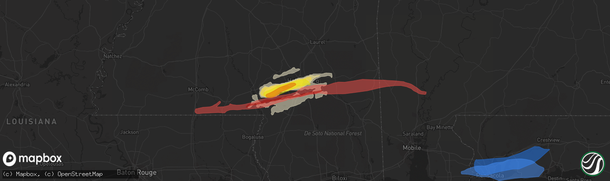 Hail map in Hattiesburg, MS on April 19, 2020