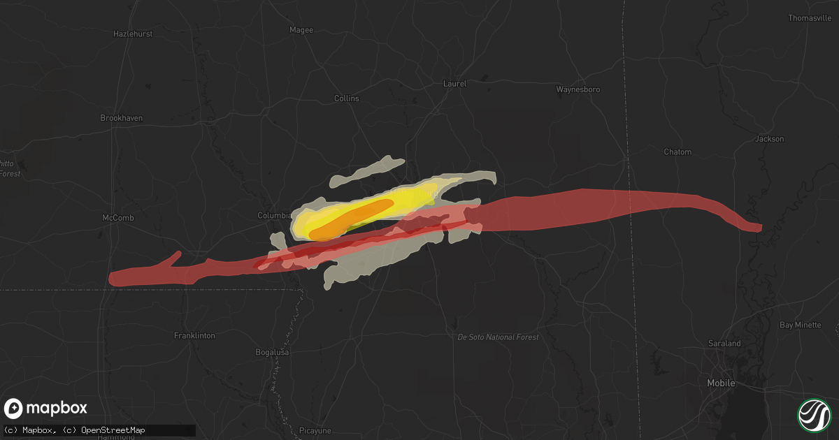 Hail map in Hattiesburg, MS on April 19, 2020