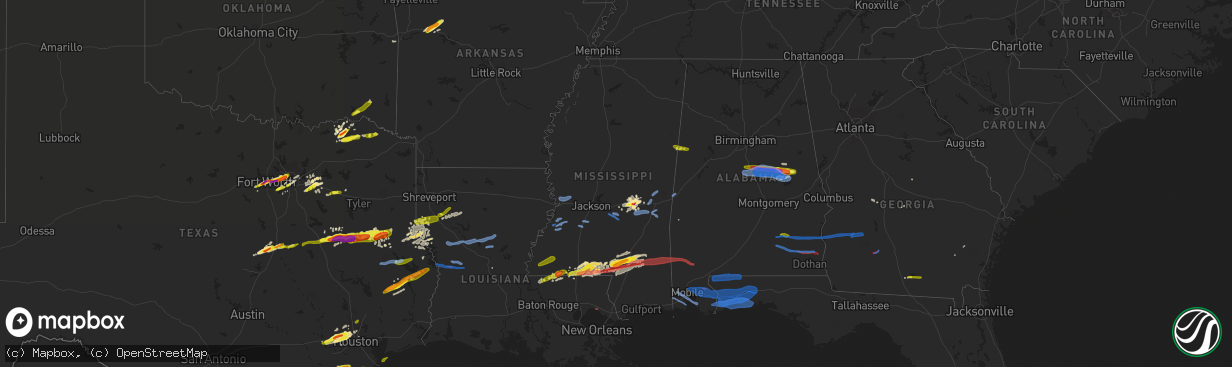 Hail map in Mississippi on April 19, 2020