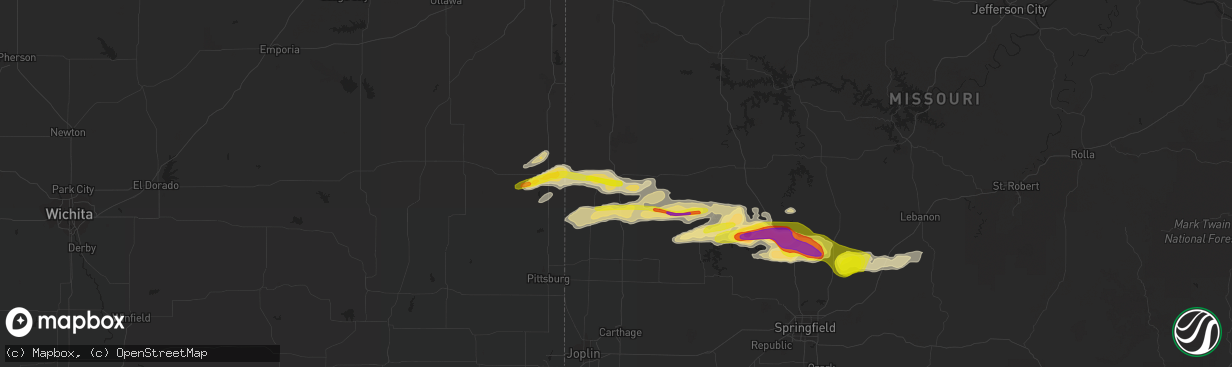 Hail map in Nevada, MO on April 21, 2022