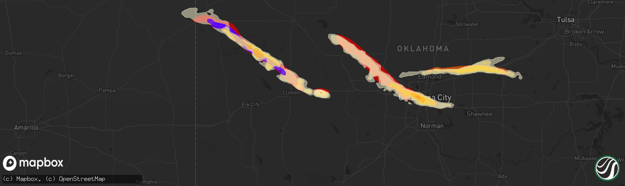 Hail map in Weatherford, OK on April 22, 2013