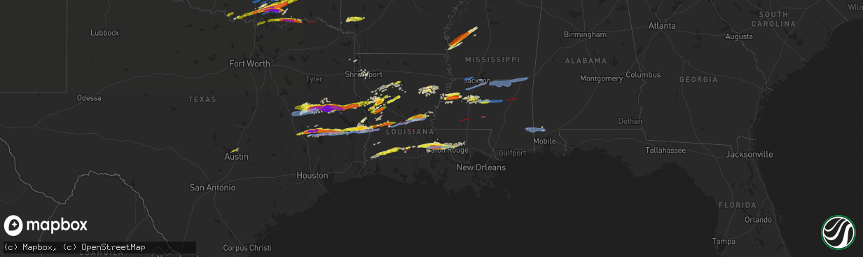 Hail map in Louisiana on April 22, 2020