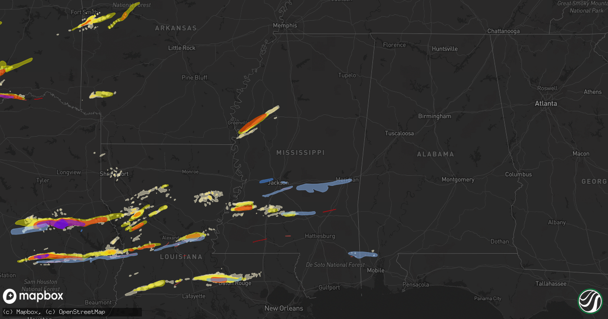 Hail map in Mississippi on April 22, 2020