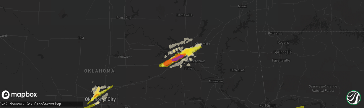 Hail map in Tulsa, OK on April 22, 2020