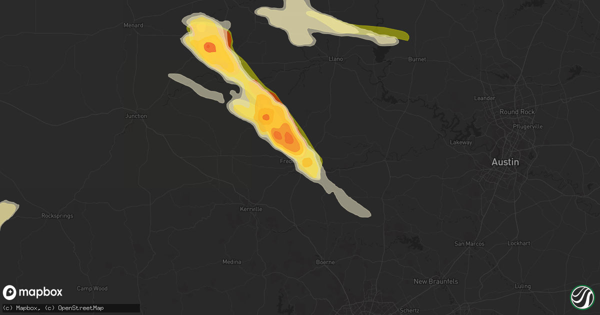Hail map in Fredericksburg, TX on April 22, 2023