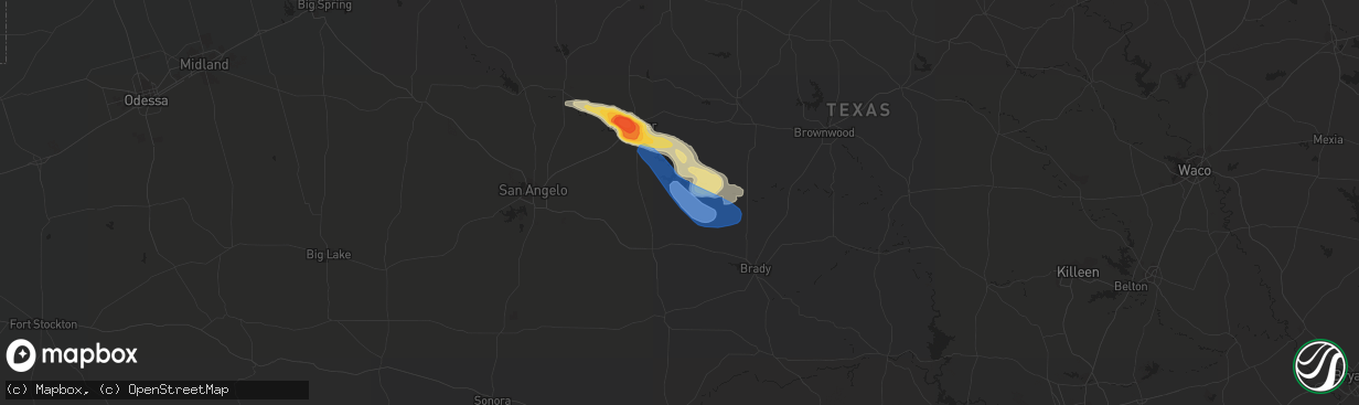Hail map in Millersview, TX on April 22, 2023