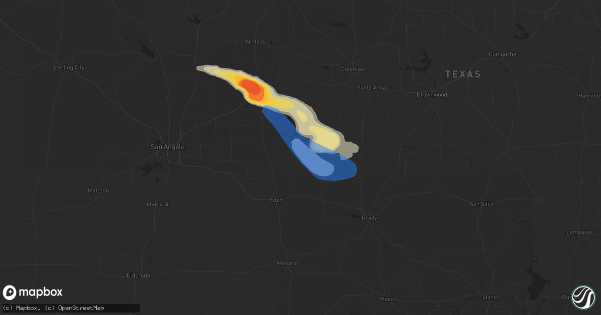 Hail map in Millersview, TX on April 22, 2023