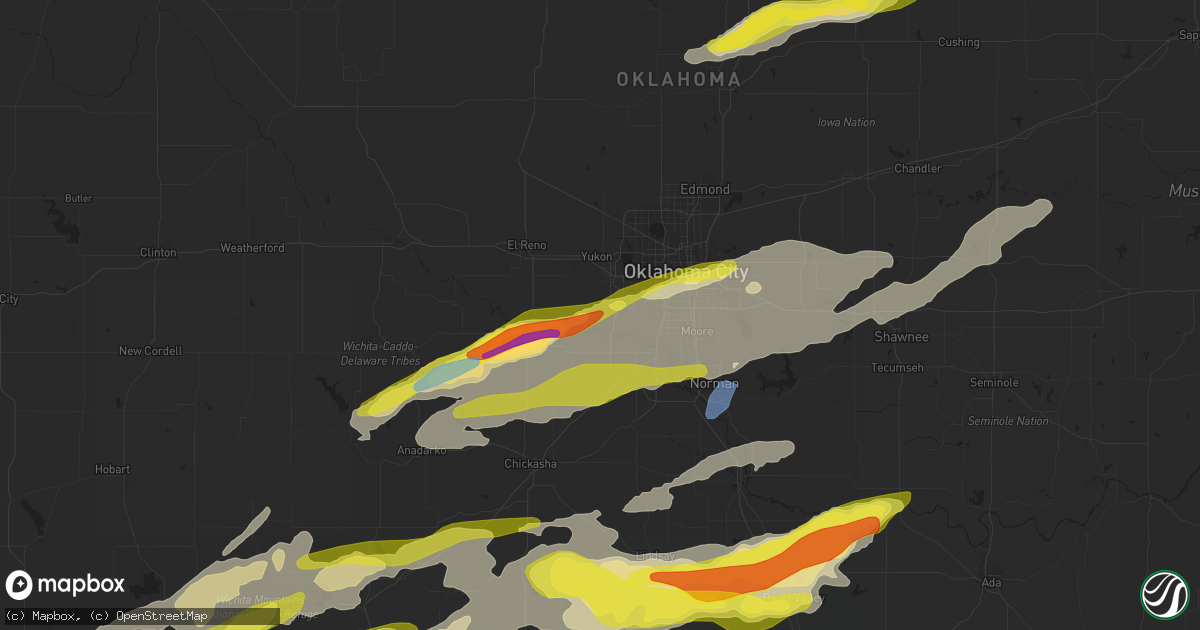 Hail map in Mustang, OK on April 23, 2022