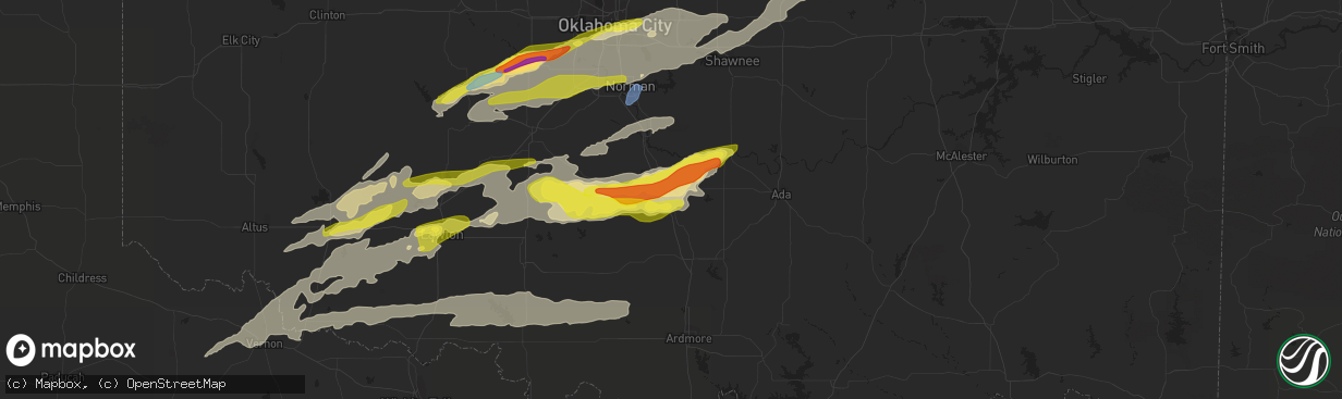 Hail map in Pauls Valley, OK on April 23, 2022