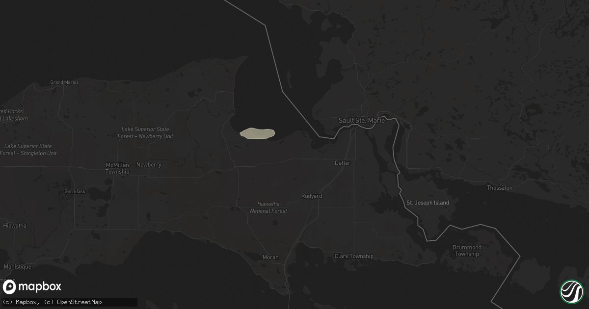 Hail map in Brimley, MI on April 23, 2024