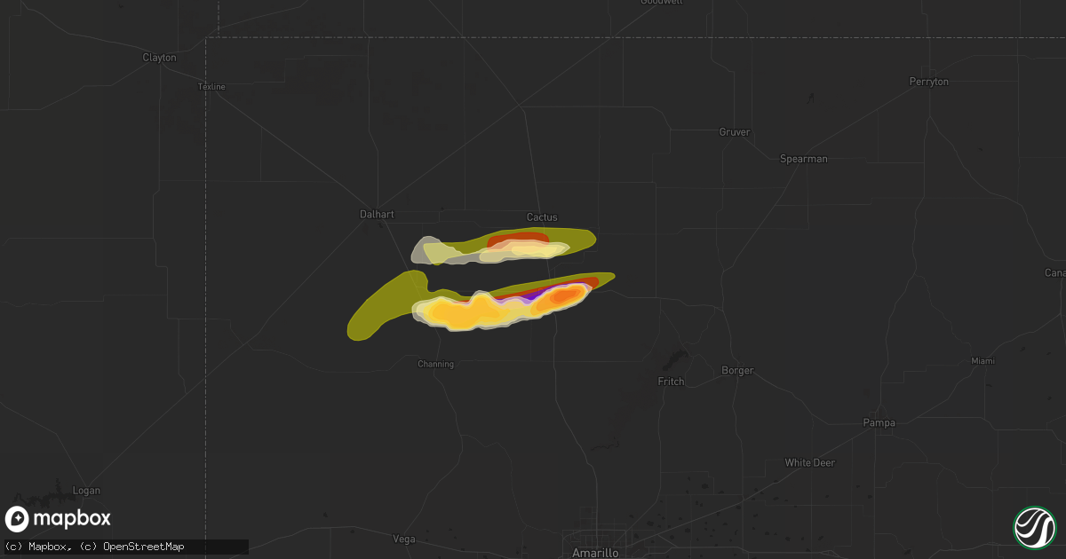 Hail map in Dumas, TX on April 23, 2025