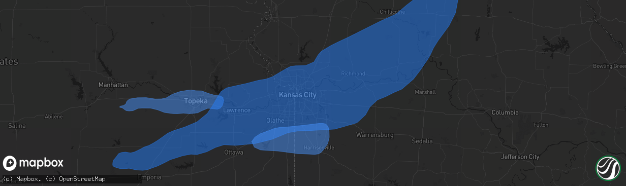 Hail map in Independence, MO on April 23, 2026