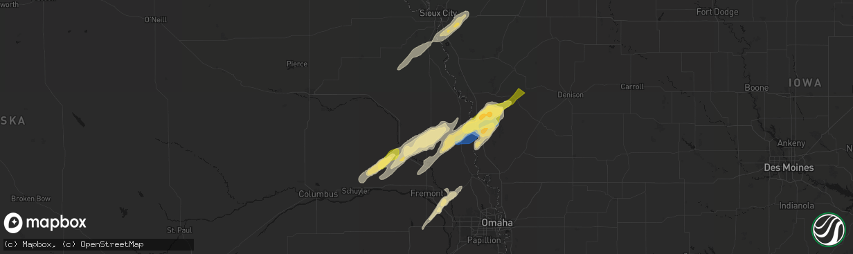 Hail map in Oakland, NE on April 23, 2026