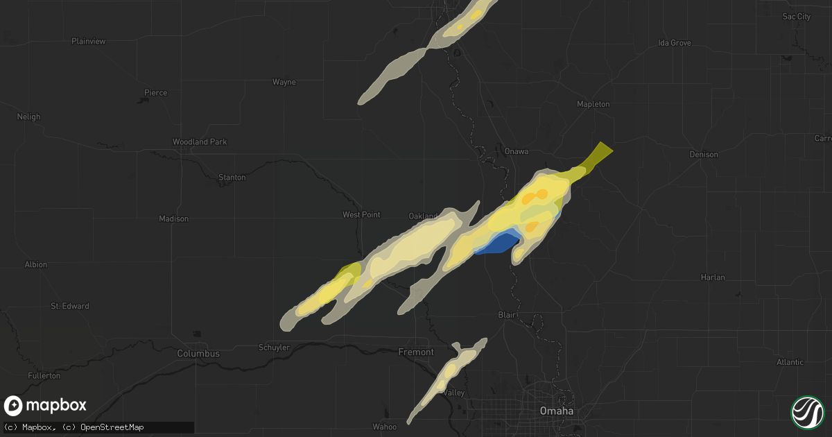 Hail map in Oakland, NE on April 23, 2026