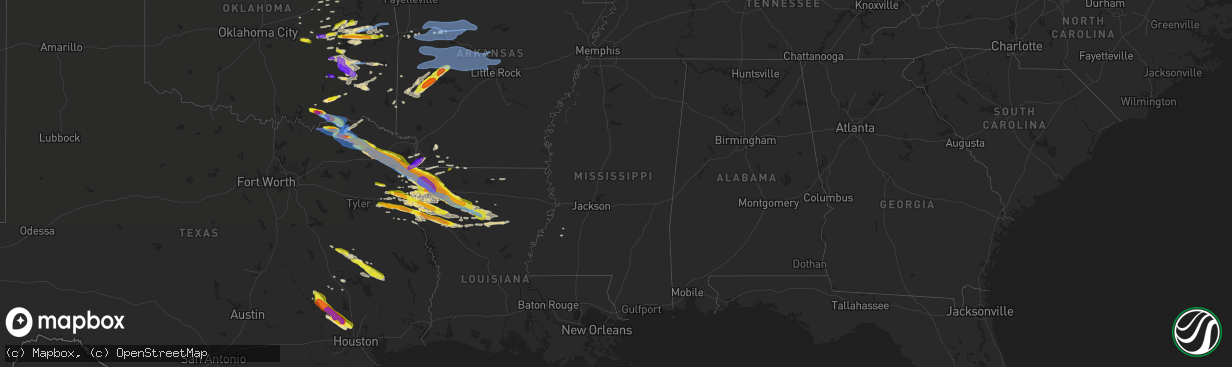 Hail map in Mississippi on April 24, 2020