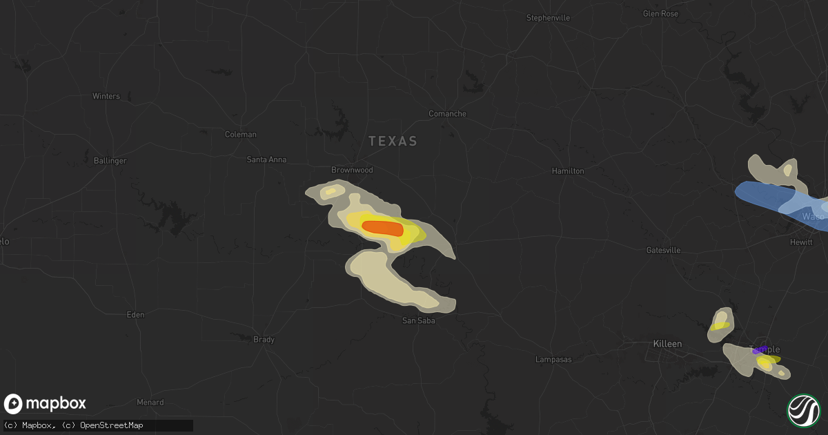 Hail map in Mullin, TX on April 24, 2025