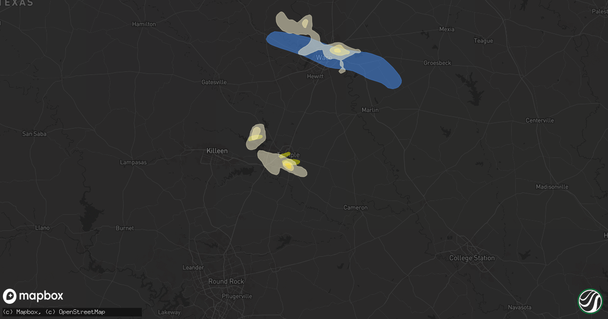 Hail map in Temple, TX on April 24, 2025