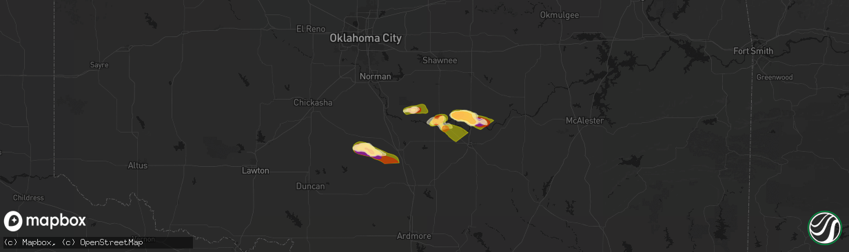 Hail map in Byars, OK on April 24, 2026