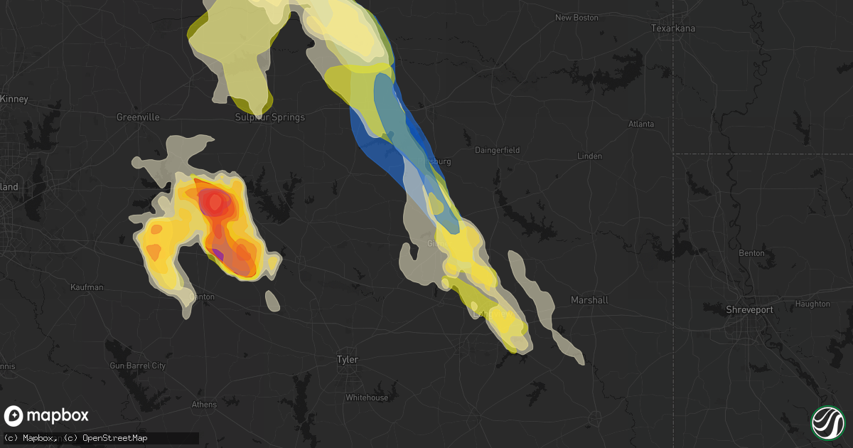 Hail map in Gilmer, TX on April 24, 2026