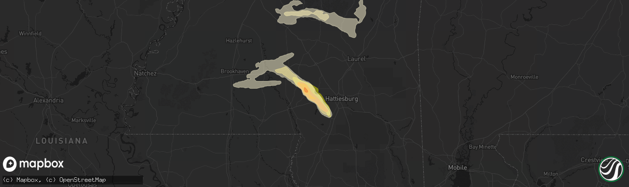 Hail map in Sumrall, MS on April 24, 2026