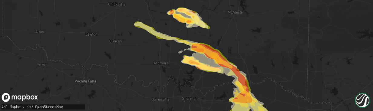 Hail map in Tishomingo, OK on April 24, 2026