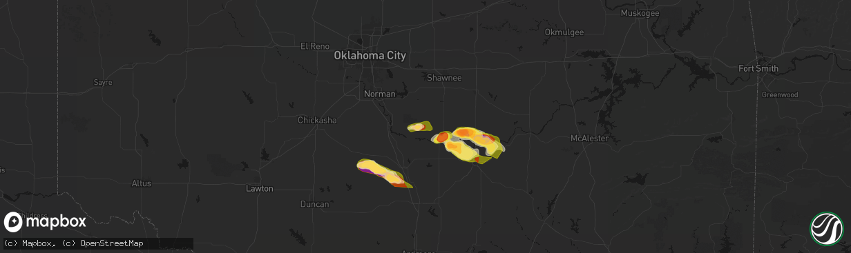 Hail map in Wanette, OK on April 24, 2026