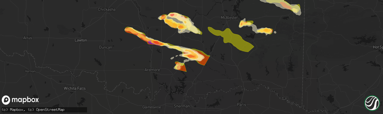 Hail map in Wapanucka, OK on April 24, 2026