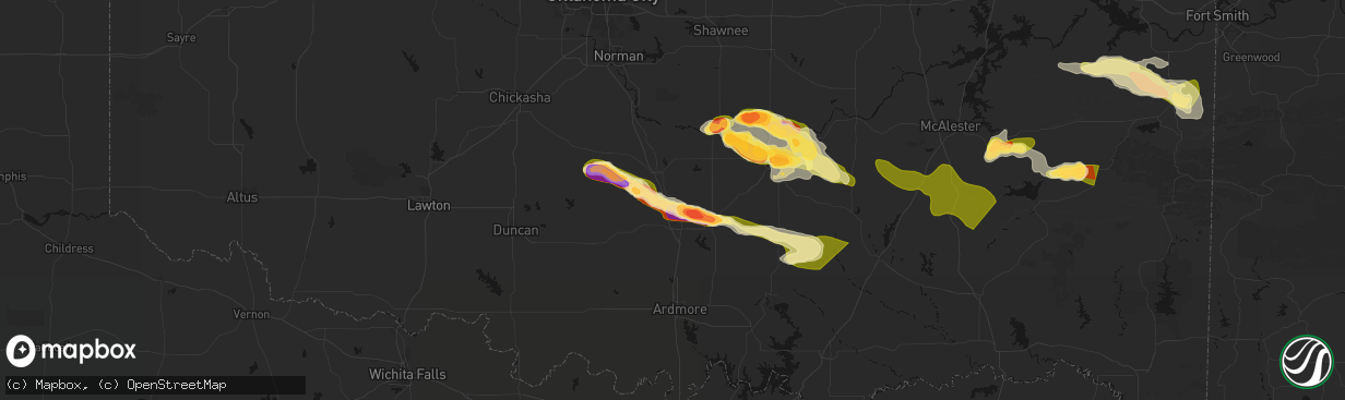 Hail map in Wynnewood, OK on April 24, 2026