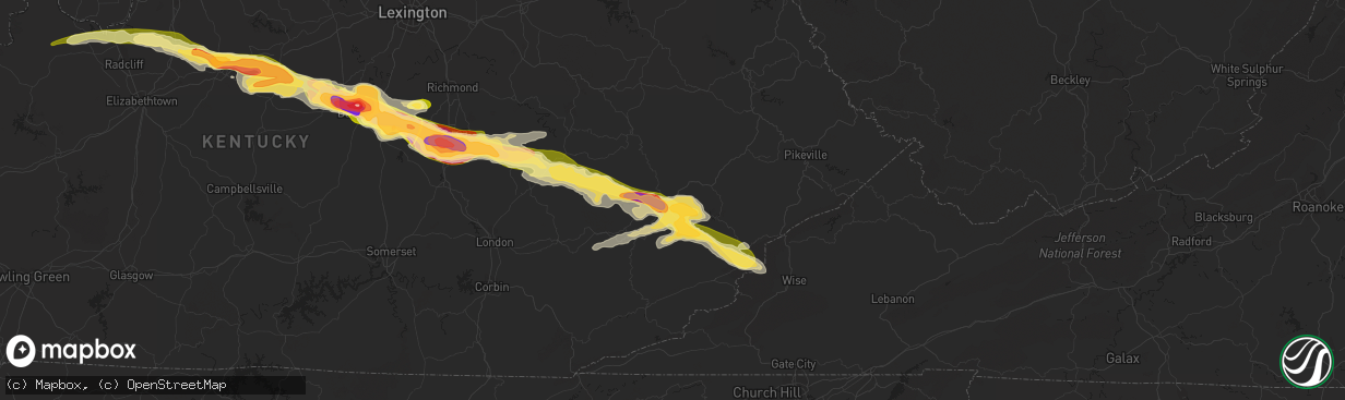 Hail map in Hazard, KY on April 25, 2015