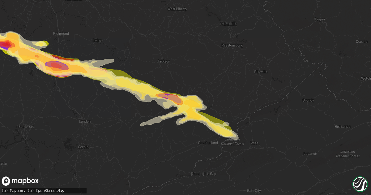 Hail map in Hazard, KY on April 25, 2015