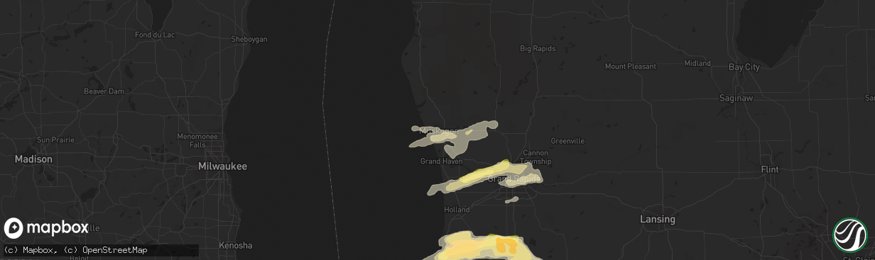 Hail map in Muskegon, MI on April 25, 2016