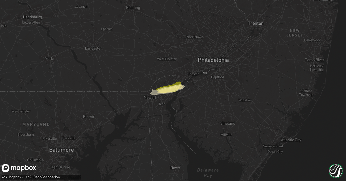 Hail map in Wilmington, DE on April 25, 2016
