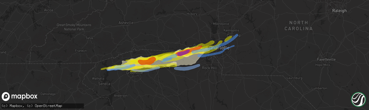 Hail map in Blacksburg, SC on April 25, 2020