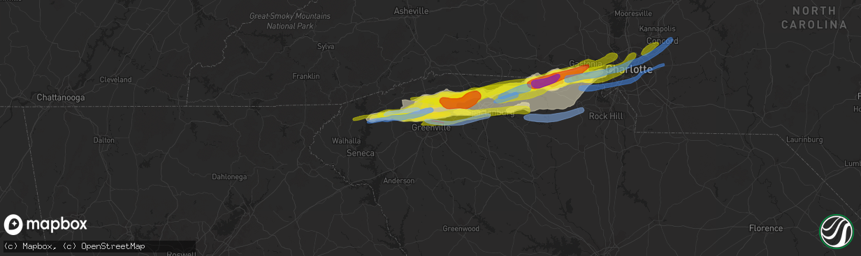 Hail map in Greenville, SC on April 25, 2020