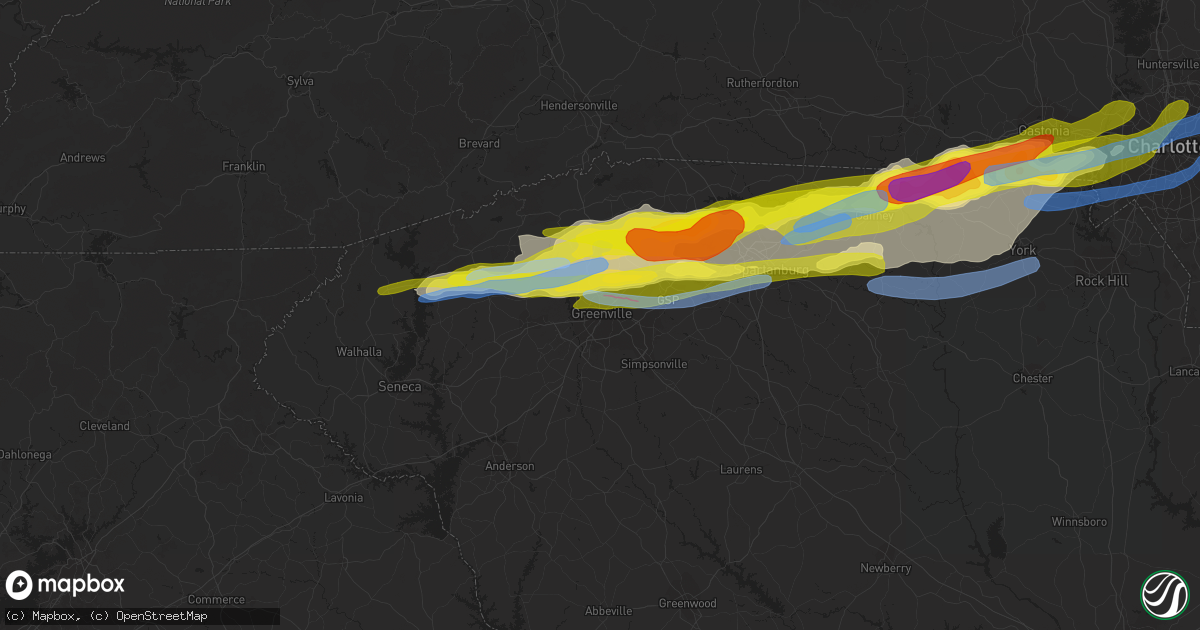 Hail map in Greenville, SC on April 25, 2020