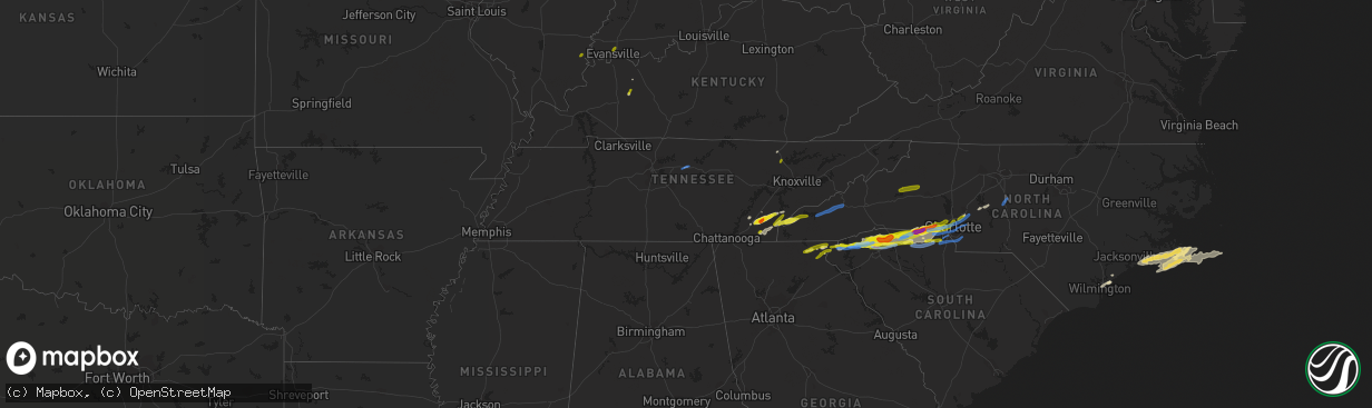 Hail map in Tennessee on April 25, 2020