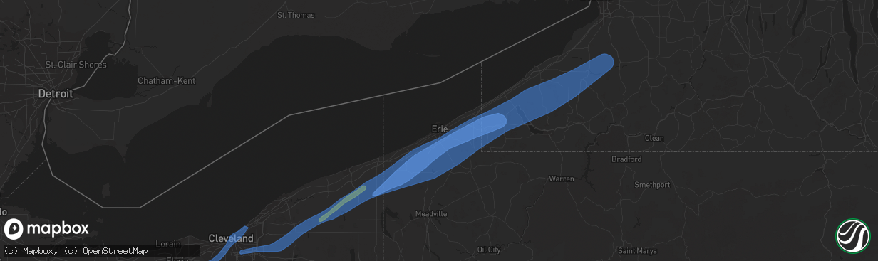 Hail map in Erie, PA on April 25, 2022