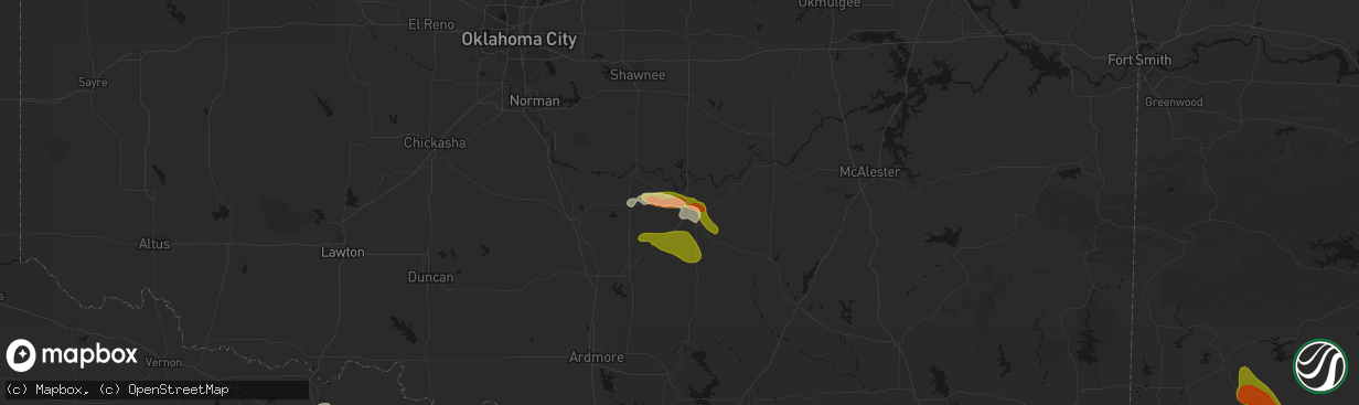 Hail map in Ada, OK on April 25, 2026