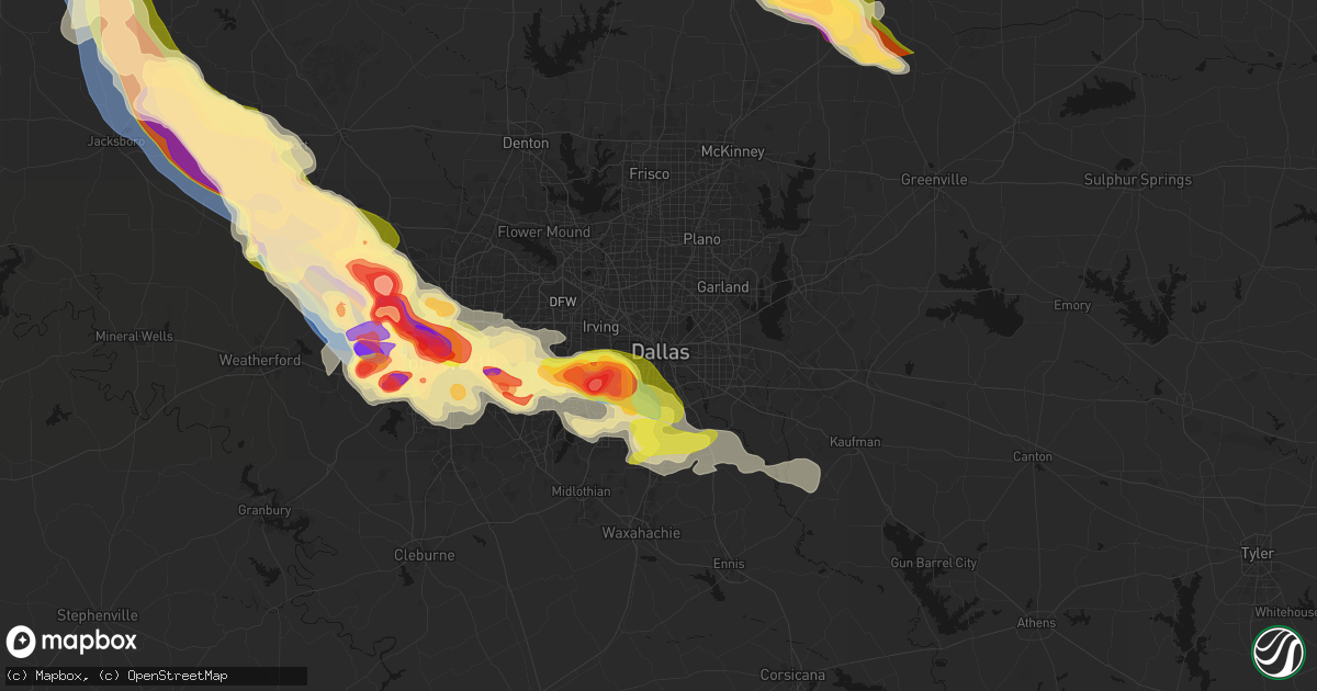 Hail map in Dallas, TX on April 25, 2026