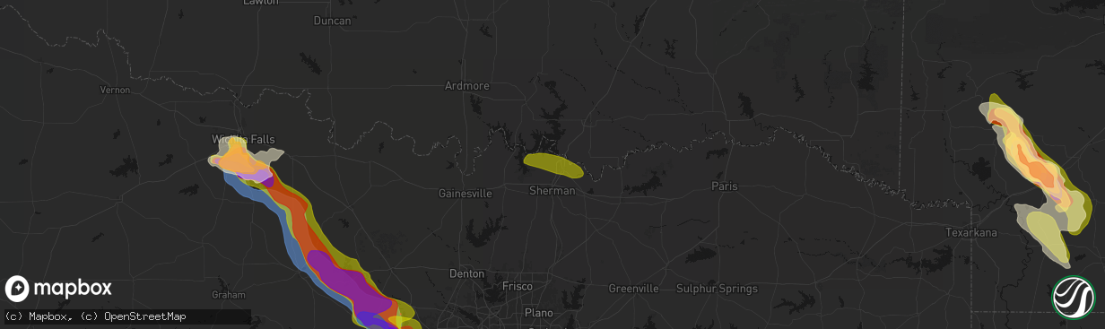 Hail map in Denison, TX on April 25, 2026