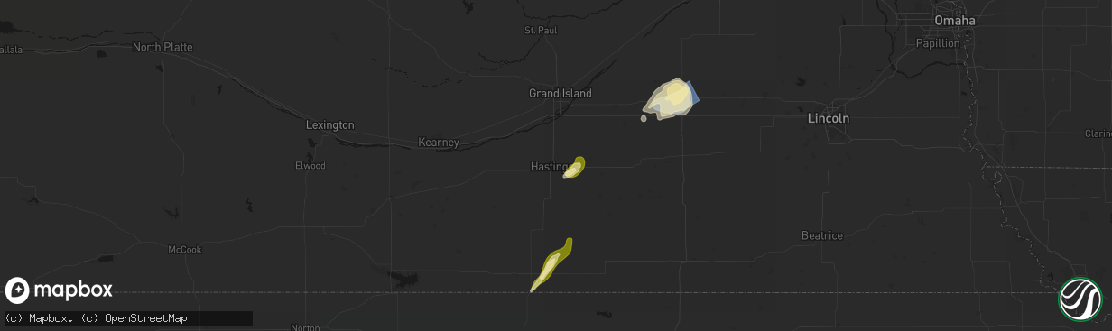 Hail map in Hastings, NE on April 25, 2026