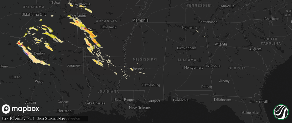 Hail map in Mississippi on April 25, 2026