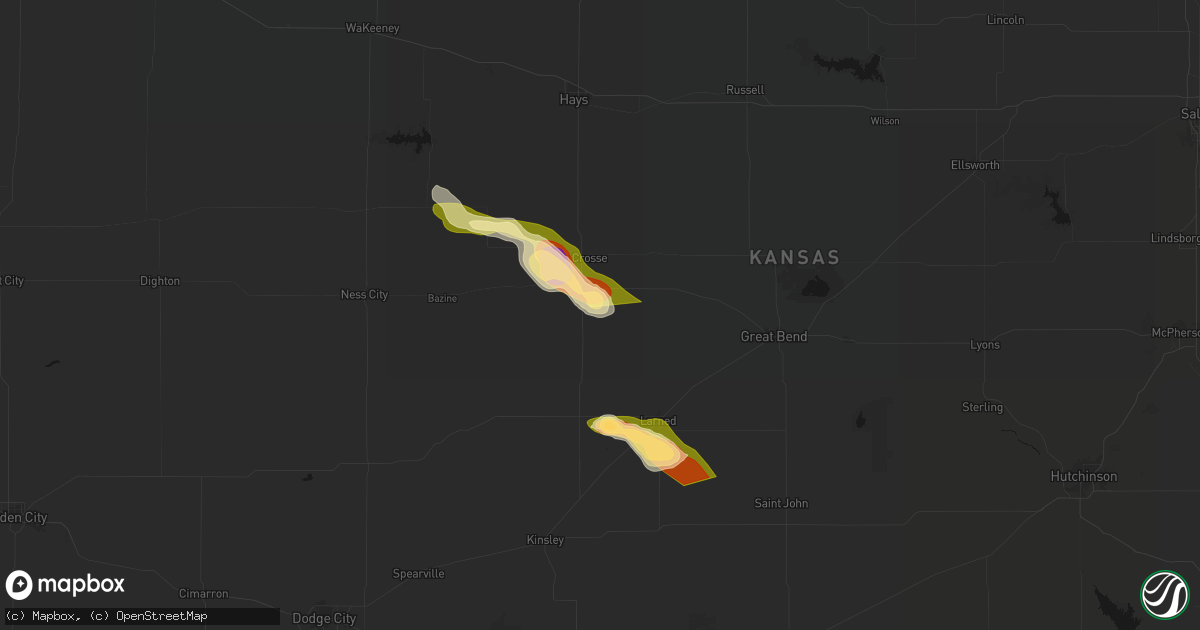 Hail map in Rush Center, KS on April 25, 2026